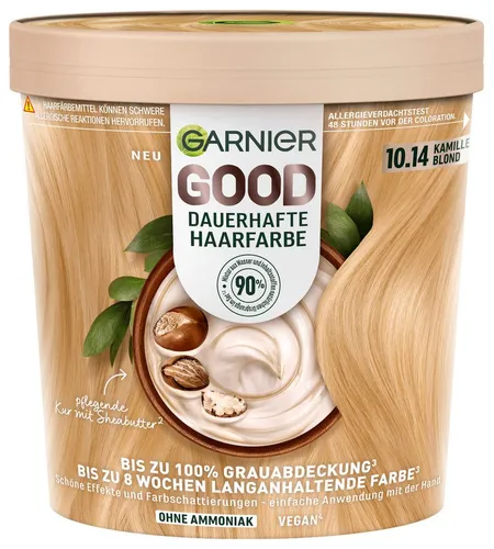 GARNIER GOOD Haarfarbe - 10.14 Kamille Blond, 1 Stk - Die Garnier GOOD Haarfarbe in 10.14 Kamille Blond bietet eine natürliche Farbgebung mit bis zu 100 % Grauabdeckung. Die vegane, ammoniakfreie Formel sorgt für langanhaltende Farbe und enthält eine pflegende Haarkur für optimale Pflege.