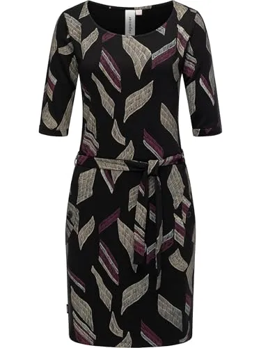 Ragwear Damen Kleid Midikleid mit 3/4-Ärmel Elegantes Blusenkleid mit Taillenband Kenisha Print Black Gr. XL