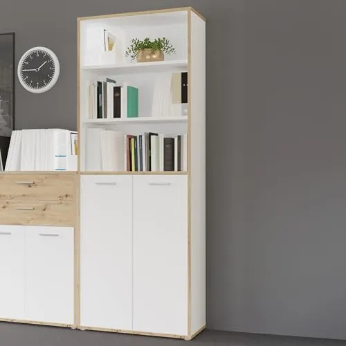 2-türiges Bücherregal in Weiß-Artisan Eiche - Hochwertiges Standregal mit 2 Türen, ideal für Bücher und Dekoration, inklusive Speditionslieferung bis in die Wohnung.