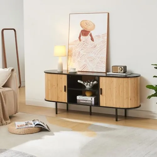 [en.casa] TV Schrank Tvedestrand Lowboard - TV-Halterungen mit modernem Design – Der elegante Bambus-Fernsehschrank bietet Stauraum und Kabelmanagement für ein aufgeräumtes Wohnzimmer.
