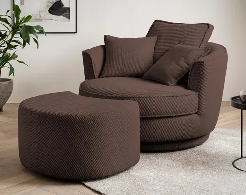 Furn.Design Loveseat Comfy (Komfortsessel in braun Web-Velour, 360° drehbar), inklusive Hocker