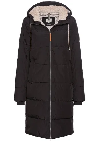 camel active Damen Langer Puffermantel mit gefütterter Kapuze Schwarz - Funktionsjacke mit Windschutz am Ärmelbündchen, wasserabweisend und winddicht – ideal für kalte Tage im Freien.