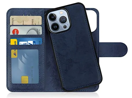 MyGadget Flip Case für iPhone 14 Pro - [ abnehmbare Magnet Hülle ] - Handyhülle aus Kunstleder - [ Klapphülle mit Kartenfach ] Schutzhülle in Dunkelblau
