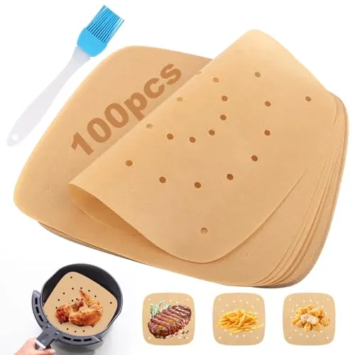 TNOMSNO Backpapier für Heißluftfritteuse, 100 Stück 23*23 cm Perforiertes und Antihaftbeschichtet Airfryer Backpapier, Heißluftfritteuse Backpapier für Heißluftfritteusen, Mikrowellen und Dampfgarer