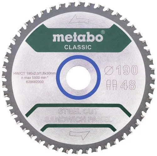 Metabo 628684000 Kreissägeblatt 190 x 30mm mit 48 Zähnen - Kreissägeblätter für saubere Schnitte in Sandwichplatten aus Stahl oder Alu, ideal für Kaltschnitte in Metallen mit vibrationsarmer Technologie und spezieller Zahngeometrie.