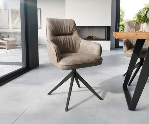 DELIFE Polsterstuhl Zelia-Flex mit Armlehnen - Eleganter Polsterstuhl mit 360° drehbarem Kreuzgestell, Taschenfederkern für optimalen Sitzkomfort und pflegeleichter Mikrofaser in Taupe Vintage.