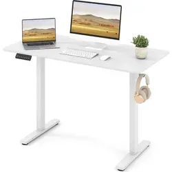 COSTWAY 120x60 cm Höhenverstellbarer Schreibtisch, elektrischer Stehschreibtisch mit Haken, Kabelmanagement, Memory Funktion&Kollisionschutz (Weiß) - Weiß