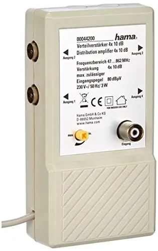 Hama 4 fach Verteilverstärker für BK Anlagen und terrestrische Netze, 4x10 dB (Dämpfungsregler, eingebautes Netzteil, HDTV, DVB-T/DVB-T2, Koax-Anschlüsse) weiß