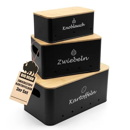 BigDean 3er Set Kartoffel Aufbewahrungsbox für Kartoffel, Zwiebel & Knoblauch Zwiebel Aufbewahrung Kartoffelkiste Kartoffelbox Bambus Deckel & Belüftungslöcher