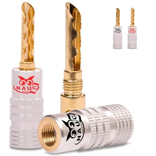 NAUC Hohl Bananenstecker für Lautsprecherkabel - 4 Stück Stecker als Set - Hohl Steckverbinder 24K vergoldet schraubbrar - Tube für HiFi Verstärker