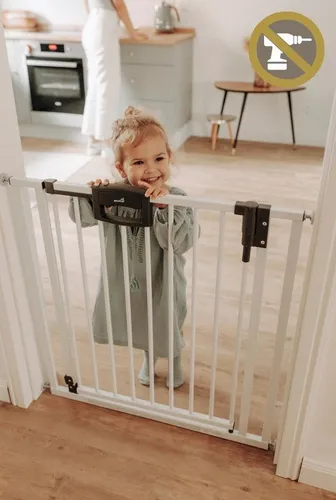 Geuther Türschutzgitter Easylock - Türschutzgitter für sichere Kinder- und Haustiersicherung, einfach ohne Bohren zu montieren und in zwei Richtungen zu öffnen. Flexibel anpassbar für Öffnungen von 68 bis 232,5 cm.