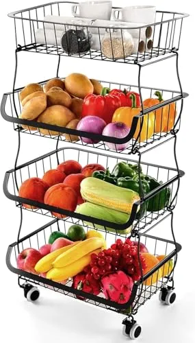 Miyawell Obstkorb Etagere 4 Etagen Obst Etagere Obstkorb Metall Gemüsekorb Abnehmbar Obst Halter Küche Ablagekorb mit Riemenscheiben Saugnäpfen,Arbeitsplatte Dekoschalen 4 Stöckig Obstschale