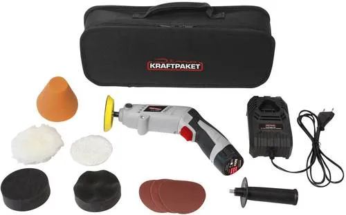 Dino KRAFTPAKET 640256 10.8V-Akku Poliermaschine - Poliermaschine mit drehbarem Gehäuse für Stab- oder Pistolenform, ideal für schwer erreichbare Stellen. Komplett-Set mit Schnellladegerät und verschiedenen Pads für vielseitige Anwendungen.