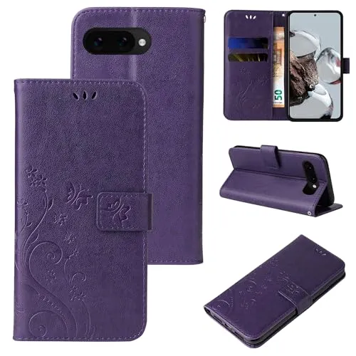 LBH Handy Hülle für Google Pixel 9a Case Handytasche Schmetterling Blumen Flower Standfunktion Schutzhülle Magnet Rundum Schutz 360 Grad Flipcase Cover Violett