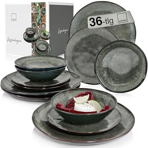 SÄNGER Teller Set Kopenhagen 36 tlg - Steingut Geschirr für 12 Personen - Hochwertiges Steingut Geschirr Set in modernem grün-grauen Design, spülmaschinenfest und stapelbar - ideal für stilvolle Tischdekoration.