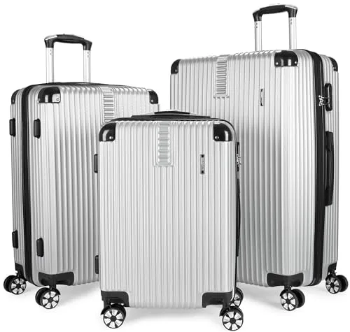 BRUBAKER Kofferset London - 3 teiliges Reisekoffer Set inkl. Handgepäck - Hartschalen Koffer mit Zahlenschloss, 4 Rollen und Komfort Tragegriffen - ABS Boardcase Trolleys (M, L, XL - Silber)
