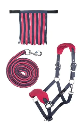HKM 10733 Halfterset, Halfter Fliegenfransen Strick 180cm Karabiner, Grau/Pink, Pony