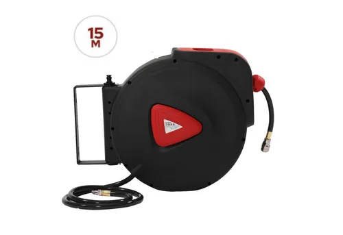 Arebos Schlauchtrommel Druckluftschlauch Aufroller 15 m, 180° schwenkbar - Kabeltrommel mit automatischer Aufrollung, ideal für Werkstätten und Garagen. Mit 180° Schwenkmechanismus und Überhitzungsschutz für effizientes Arbeiten und lange Lebensdauer.