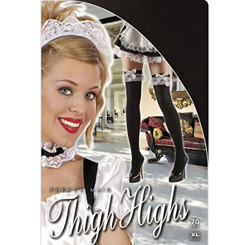 Halterlose Strümpfe French Maid Overknee Socken schwarz-weiß XL 46/48 Zimmermädchen Überkniestrümpfe Dienstmädchen Overknees Karneval Kostüm Damen Zubehör Thigh High Stockings Sexy Kellnerin Strapsstrümpfe