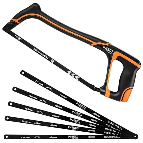 NEO TOOLS Metallsäge 300 mm aus Aluminium mit 10 HSS Bi Metal 24 TPI Austauschbarer Klinge - 45°/ 90° - Eisensäge für Metall & Stahl - Aluminium-Sägebogen, Sägeblatt für Metall