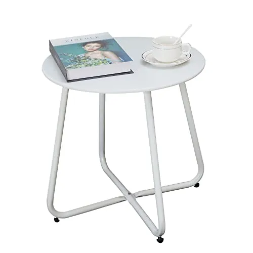 Fokebel Beistelltisch, Kleiner Beistelltisch Metall, Garten Rund, Couchtish & Kaffeetisch mit Verstellbarer Tischbeine (Weiß, Ø 45x45H cm)