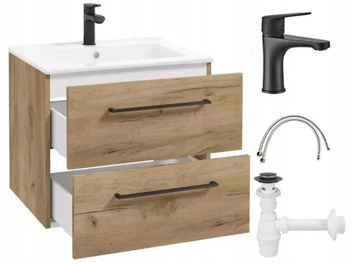 Badezimmerschrank mit Waschbecken, hängend, Craft-Eiche, 60 cm, mit Wasserhahn und Siphon Pinia