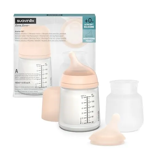 Suavinex, Set Zero Zero-Babyflasche. Anti-Kolik-Babyflasche 180 ml mit Sauger mit anpassbarem Nahrungsfluss + Sauger mit anpassbarem Nahrungsfluss + Nachfüllbeutel