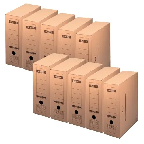 LEITZ Archivboxen braun 12,0 x 32,5 x 27,5 cm - 10 Stück - Archivprodukte aus Karton, ideal für lose Dokumente mit praktischem Beschriftungsfeld zur besseren Organisation und umweltfreundlich dank recycelbarem Material.