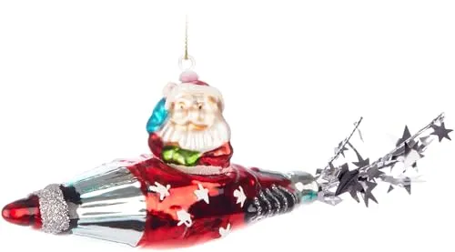 BRUBAKER Weihnachtsmann in Rakete Rot mit Sternenspur Silber - Handbemalte Weihnachtskugel aus Glas - Mundgeblasener Christbaumschmuck Figuren lustig Deko Anhänger Baumkugel - 20 cm