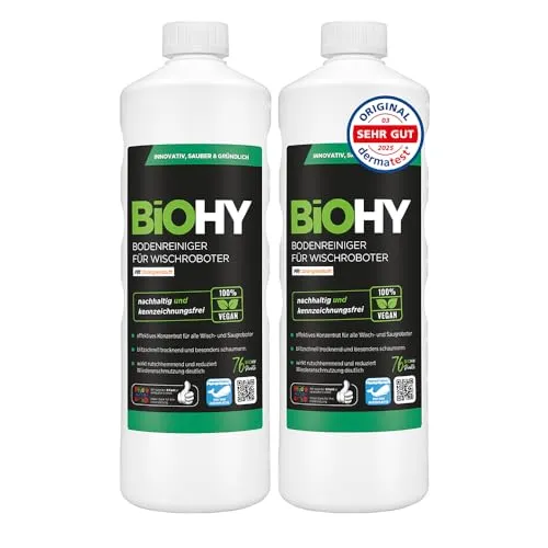 BiOHY Bodenreiniger für Wischroboter mit Orangenduft (2 x 1 Liter) - Bodenreiniger für alle wasserbeständigen Böden, schaumarm und streifenfrei, reduziert Wiederverschmutzung und sorgt für frischen Duft.