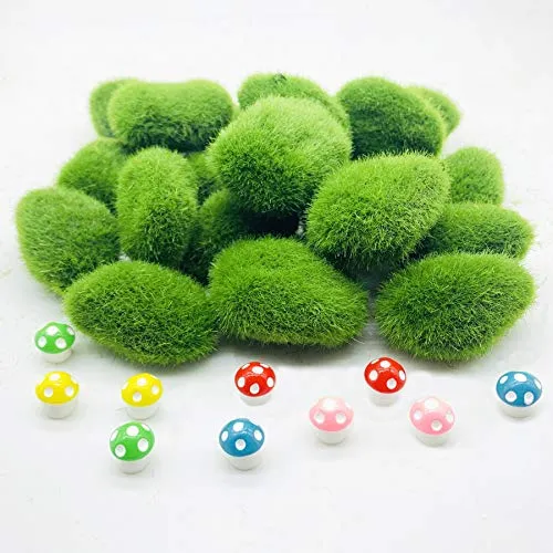 Woohome 30 Stück Künstliche Moosfelsen Dekorative, 2 Größe Grüne Moosbälle Künstliche Moos Steine und 10 Stück DIY Pilz für Feengärten und Handwerk
