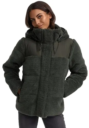 MARIKOO Damen Winterjacke N030 - Stylische Teddy-Puffer-Jacke mit Kapuze - Funktionsjacke für Damen mit hochstehendem Kragen, 4 praktischen Taschen und kuscheligem Innenfutter, ideal für kalte Tage.