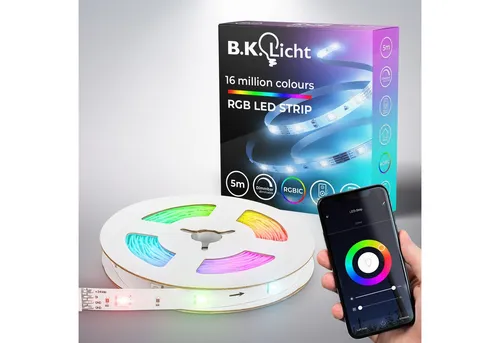 B.K.Licht LED Stripe Wifi RGBIC LED Strip, 5 m, mit App Steuerung, 150-flammig, Lichtleiste, mit Musiksensor, smartes LED Band, Selbstklebend