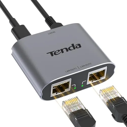 Tenda LAN Splitter 1 auf 2, Gigabit LAN Switch 2 Port Ethernet Splitter LAN Verteiler mit USB-Stromkabel (IGMP-Snooping, QoS, Aluminiumgehäuse, LAN Hub für Router, Computer, Drucker, TV)(SG103M)