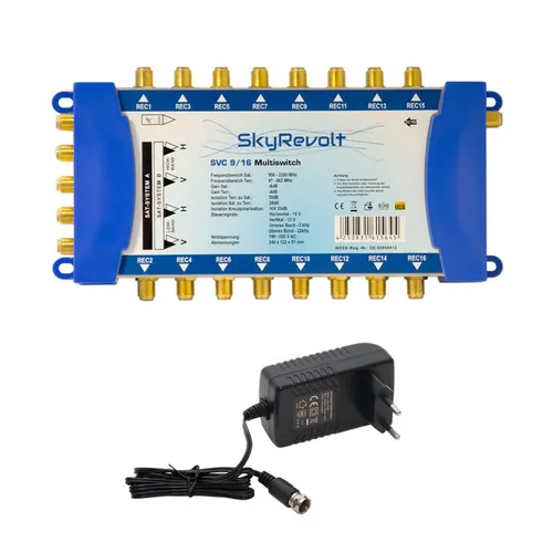 SkyRevolt Multischalter 9/16 - SAT Verteiler mit 16 Anschlüssen - Multischalter für digitales Fernsehen, unterstützt bis zu 8K UHD, ideal für große Haushalte oder gewerbliche Anwendungen.