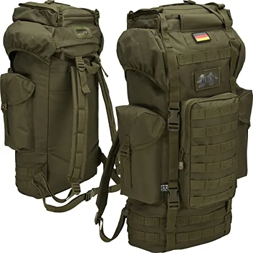 BWuM Bundeswehr Kampfrucksack Molle 65L mit Patch & Flagge - Robuster 65L Rucksack mit Molle-System, wasserabweisend und viel Stauraum. Inkl. BWuM Logo Patch und Deutschlandflagge für individuelle Gestaltung.