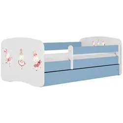 Raumhirsch Kinderbett Blau mit Schublade 70x140 cm - Modernes Kinderbett in Blau mit Kaninchen-Motiv, inklusive abnehmbarer Schutzschiene und geräumiger Schublade für Stauraum im Kinderzimmer.
