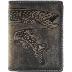 Jockey Club Hecht Leder Geldbörse mit RFID Schutz - Hochwertige Portemonnaie aus natürlichem Hunterleder für Angler. Mit RFID Schutz vor Datendiebstahl und eleganter Hechtprägung. Perfekt für die sichere Aufbewahrung von Karten und Scheinen.