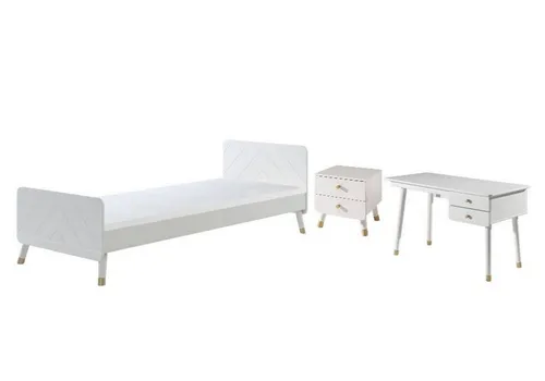 aufm Kessel Jugendzimmer-Set Kamillah – Komplettset für Kinderzimmer - Vielseitiges Kinderzimmer Set Kamillah aus hochwertigem MDF in Weiß, mit Retro-Optik und goldfarbigen Akzenten. Ideal für die kreative Gestaltung des Jugendzimmers. Inklusive Einzelbett, Nachtkonsole und Schreibtisch.