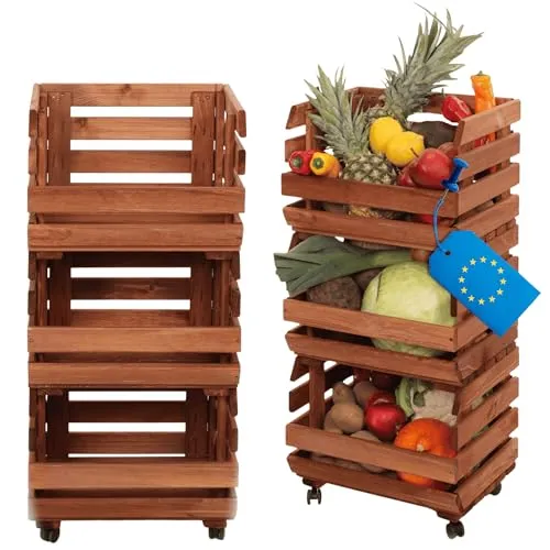 MODO24 Modular Holzregal auf Rollen für Gemüse & Obst - Praktisches und flexibles Regalsystem aus Kiefernholz mit 3 Holzkisten. Dank der integrierten Räder ist es einfach zu bewegen und sorgt für optimale Luftzirkulation. Ideal für die Küche oder Speisekammer.