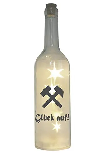 WB wohn trends LED-Flasche mit Motiv, Glück auf! Schlägel und Eisen, grau, 29cm, Flaschen-Licht Glitzer-Flasche Leuchtflasche Lampe mit Text Spruch Ruhrgebiet Ruhrpott