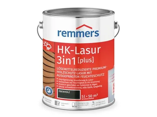 Remmers HK-Lasur 3in1 [plus] ebenholz, matt, 5 Liter - Beizen – Hochwertige Premium-Holzschutz-Lasur für außen, vereint Imprägnierung, Grundierung und Lasur in einem Produkt, ideal für langlebigen Schutz gegen Feuchtigkeit und UV-Strahlen.