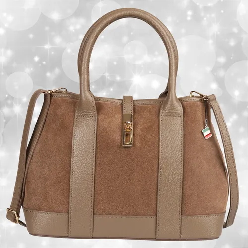 FLORENCE Schultertasche aus echtem Leder in taupe - Elegante Schultertasche aus hochwertigem Kalbsleder in taupe. Mit abnehmbarem Gurt, goldfarbenen Metallbeschlägen und praktischem Reißverschluss. Ideal für stilbewusste Damen.