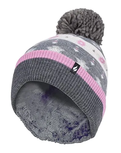 HEAT HOLDERS Bommelmütze Stricken Damen Strickmütze Mütze mit Bommel für Winter | Gestreift und Nordic Muster (One Size, Grau/pink)