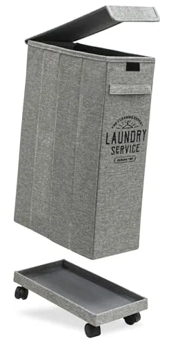 DuneDesign Wäschekorb mit Rollen - 50L Schmaler Wäschesammler - Wäschebox für Schmutzwäsche mit 50L Fassungsvermögen und stabilen Holzrahmen. Ideal für enge Nischen, passt perfekt neben Waschmaschine oder Wickeltisch.