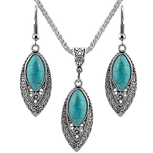 Dishowme Türkis Halskette Ohrringe Set Bohemian Anhänger Kostümkette Western Schmuck für Frauen (Blau B)