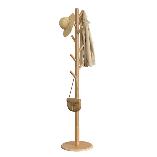 VASAGLE Garderobenständer, Kleiderständer Massivholz, Jackenständer Baumform, 8 Haken für Jacken, Hüte, für Flur, Haken und Haltestange aus Kautschukholz, naturfarben RCR009YK01