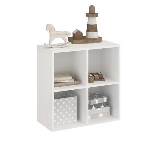 KOMTO Bücherregal Weiß – Regal mit 4 Fächern, Würfelregal, Cube Regal für Wohnzimmer, Kinderzimmer, Schlafzimmer | Standregal Nubo 61 x 60,8 x 29 cm