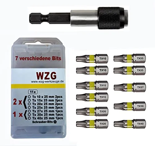vers.Profi Torx Bits 11St,2xTx10,2xTx15,2xTx20,1xTx25,1xTx27,1xTx30,1xTx40 WZG + 1x Bithalter 7