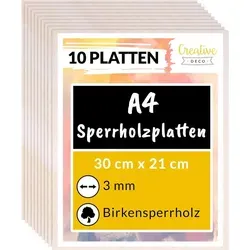 Creative Deco Bastelnaturmaterial Sperrholzplatte Stärke 3mm Birkensperrholz Dünne Holz-Zuschnitte, (10-tlg), Perfektes Blatt für Laubsäge, Brandmalerei, Laserschnitt 21 cm x 30 cm